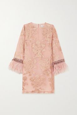 Feather-trimmed Embellished Metallic Fil Coupé Silk-blend Mini Dress - Blush