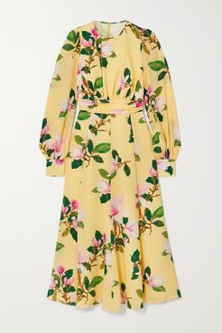 Floral-print Silk Crepe De Chine Midi Dress - Pastel yellow
