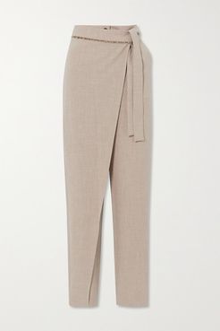 Emma Belted Layered Mélange Woven Tapered Pants - Beige