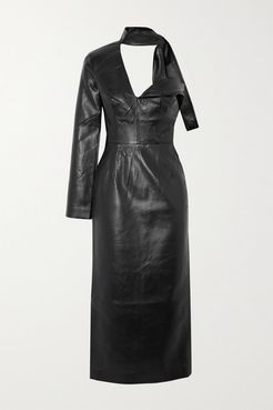 One-shoulder Scarf-detail Faux Leather Midi Dress - Black