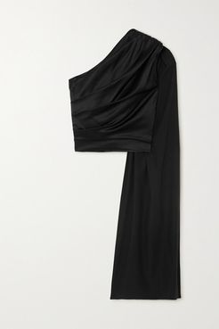 One-shoulder Draped Silk-blend Satin Top - Black