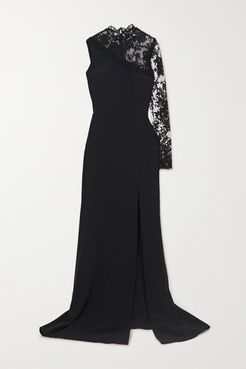 One-sleeve Lace And Crepe Gown - Black