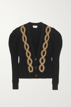 Embellished Ribbed Wool-blend Cardigan - Black