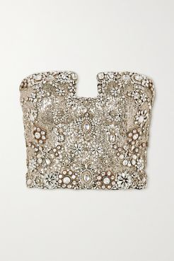 Crystal-embellished Sequined Silk-crepe Bustier Top - Black