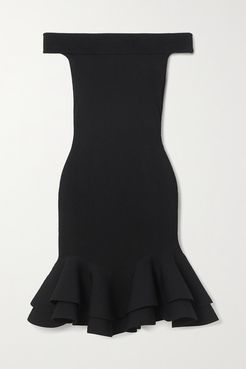 Off-the-shoulder Ruffled Ribbed Stretch-knit Mini Dress - Black