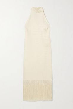 Olympia Fringed Satin-jacquard Halterneck Dress - Ivory