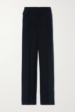 Pleated Herringbone Wool-blend Wide-leg Pants - Navy