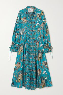 Love Ruffled Floral-print Silk-twill Midi Shirt Dress - Blue