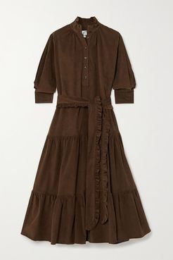 Phoebe Belted Tiered Cotton-corduroy Midi Dress - Brown