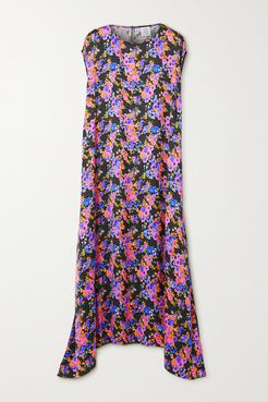 Asymmetric Floral-print Satin-jacquard Dress - Purple