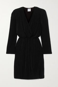 Wrap-effect Plissé Stretch-crepe Mini Dress - Black