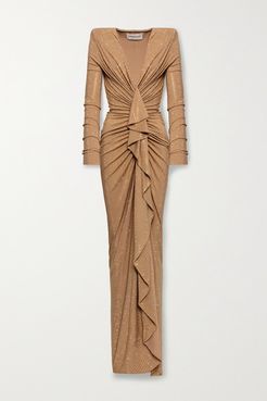 Ruched Draped Crystal-embellished Stretch-jersey Gown - Beige