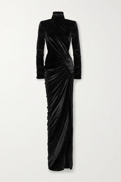 Ruched Crystal-embellished Stretch-velvet Turtleneck Gown - Black