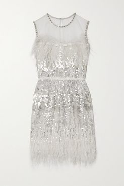 Hula Feather-trimmed Embellished Tulle Mini Dress - Silver