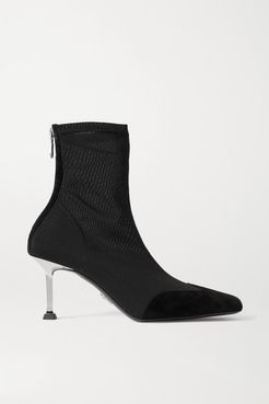 Suede-trimmed Mesh Sock Boots - Black