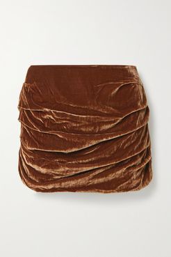 Ruched Velvet Mini Skirt - Brown