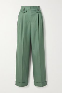 Pleated Wool-twill Straight-leg Pants - Sage green