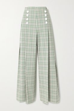 Pleated Checked Cotton-blend Canvas Wide-leg Pants - Green