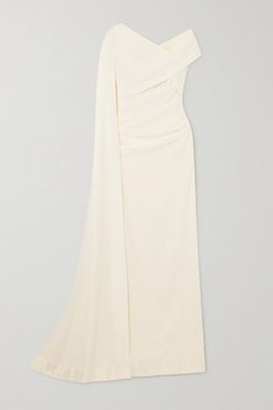 Cape-effect Off-the-shoulder Ruched Stretch-cady Gown - Ivory