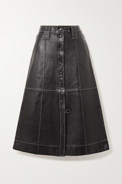 Topstitched Leather Midi Skirt - Black