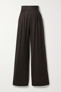 Net Sustain Pleated Wool-blend Twill Wide-leg Pants - Dark brown