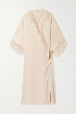Feather-trimmed Washed-satin Robe - Cream
