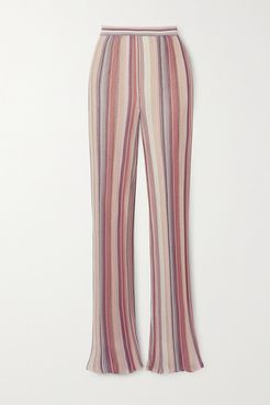 Metallic Striped Crochet-knit Straight-leg Pants - Pink