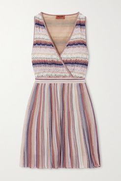 Wrap-effect Metallic Striped Crochet-knit Mini Dress - Pink