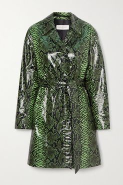 Snake-print Coated Cotton-blend Trench Coat - Green