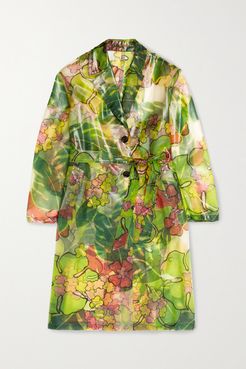 Belted Floral-print Pvc Trench Coat - Green