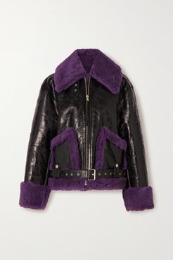 Oversized Shearling And Glossed Textured-leather Jacket - Black