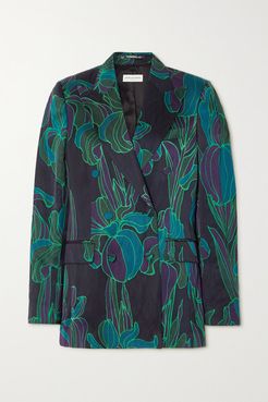Double-breasted Floral-print Woven Blazer - Dark green