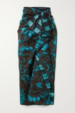 Ruffled Satin-trimmed Floral-jacquard Midi Skirt - Turquoise
