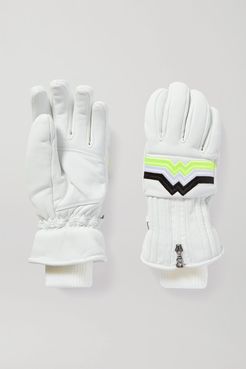 Zoe Embroidered Leather Ski Gloves - White