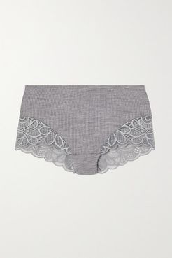 Karla Lace-trimmed Ribbed Wool And Silk-blend Briefs - Gray