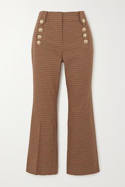 Corinna Cropped Button-embellished Houndstooth Cotton-blend Flared Pants - Tan