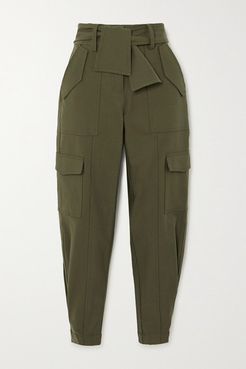 Elian Cropped Belted Cotton-blend Twill Tapered Pants - Army green