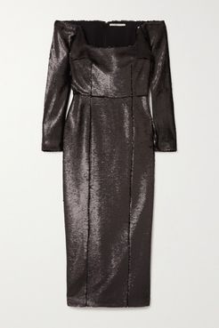 Birch Off-the-shoulder Sequined Crepe Midi Dress - Black