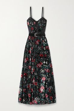 Belted Lace-paneled Floral-print Devoré-velvet Maxi Dress - Black