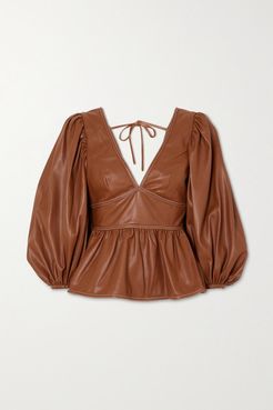 Luna Topstitched Faux Leather Peplum Top - Brown