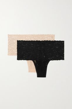 Retro Set Of Two Stretch-lace Thongs - Black