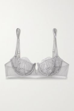 Evening Goddess Satin-trimmed Embroidered Tulle Underwired Balconette Bra - Gray