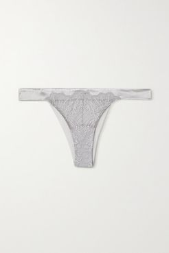 Satin-trimmed Embroidered Tulle And Stretch-mesh Briefs - Gray