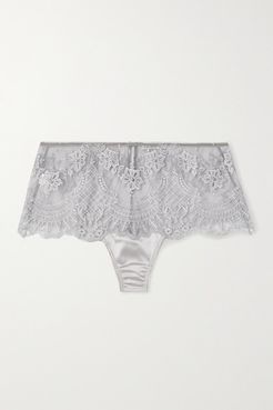 Satin-trimmed Embroidered Tulle Briefs - Gray