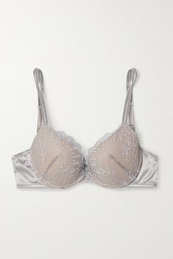 Satin-trimmed Embroidered Tulle Underwired Bra - Gray