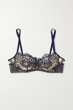 Embroidered Tulle Underwired Balconette Bra - Blue