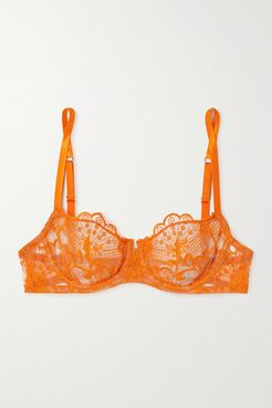 Euphoria Satin-trimmed Embroidered Tulle Underwired Balconette Bra - Orange