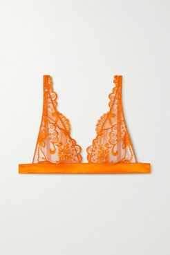 Moonlight Satin-trimmed Embroidered Tulle Soft-cup Triangle Bra - Orange