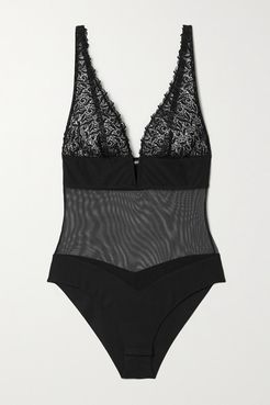 Guipure Lace, Stretch-tulle And Jersey Bodysuit - Black