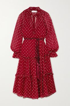 Ladybeetle Belted Ruffled Polka-dot Silk-chiffon Midi Dress - Burgundy